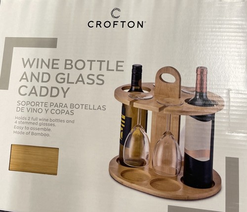 Crofton-Wine Bottle Holder & Glass Caddy-Bamboo/Wood Rack w/ Handle New in Box - Picture 8 of 8