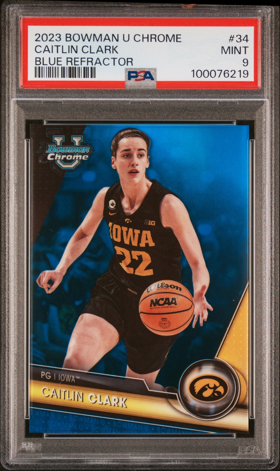 2023 BOWMAN UNIVERSITY CHROME BLUE REFRACTOR #34 CAITLIN CLARK 21/199 PSA 9