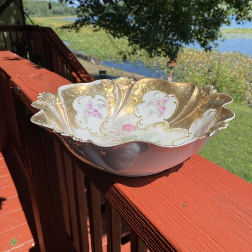 ESTATE RS Prussia Porcelain Bowl 10.5" Pink Flowers Antique c1890 Mold 37 @115 - Picture 9 of 13