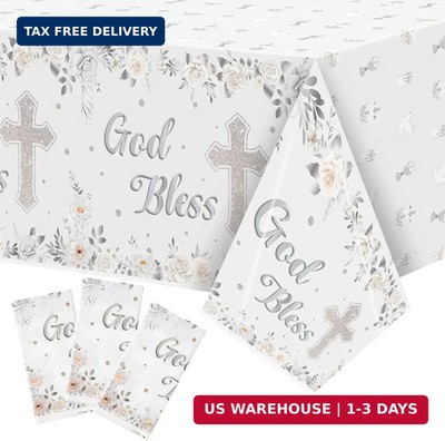 God Bless Baptism Tablecloths - 3-Pack White Gold Baby Baptism Party Table Cover