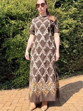 Vintage 1970s Maxi Dress Brown Embroidered Long with Geometric Detailing Size 12
