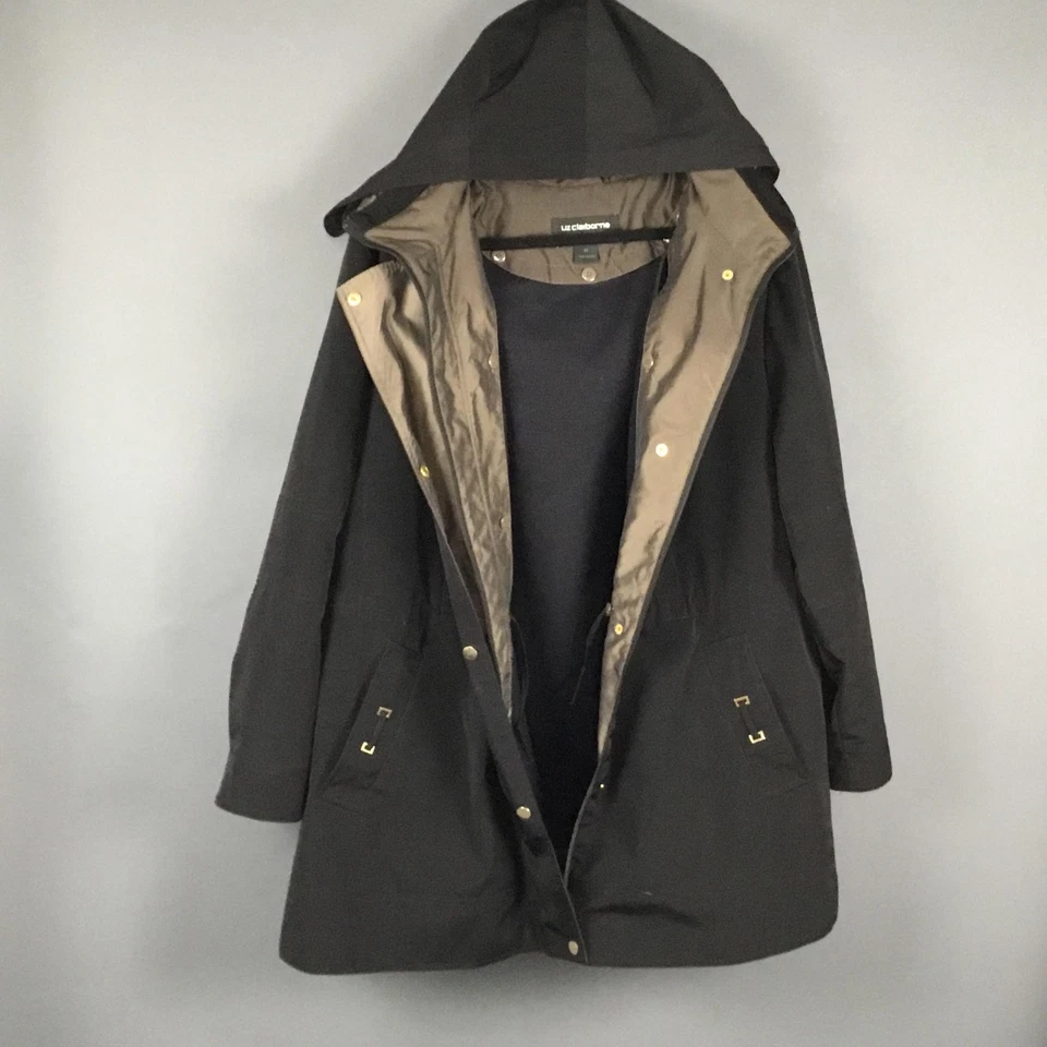 Abrigo Liz Claiborne para mujer 2X parka negro con capucha forro extraíble cremallera bolsillos a presión Foto 2 de 4