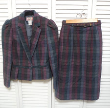 Vtg 1970s Lined Wool Blend Plaid Suit Jacket and Skirt Made in Japan Size 0/1