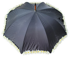 Decorative Black Umbrella with White Daisy-Shaped Floral Trim Parasol
