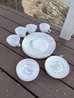 VTG Federal Glass Iridescent Moonglow 4 Din Plates 4 Sauce 4 Cups/saucers She’ll