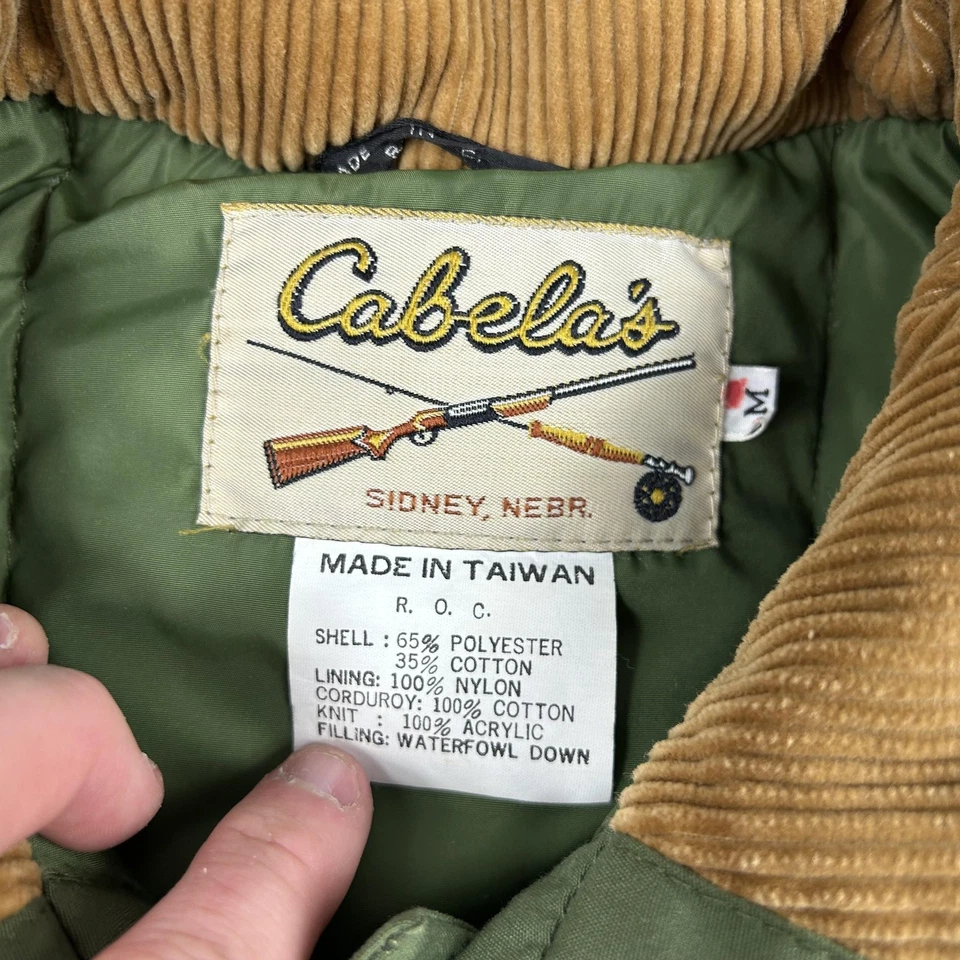 Chaqueta de Colección Cabela's Para Hombre Mediana Verde Plumón Puffer Cuello de Pana a Presión Años 90 Foto 4 de 4