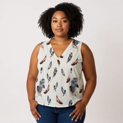 EMORY ROSE 1XL Ivory Brown Blue Feather Feathers Print Blouse