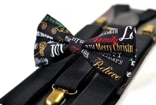 Xmas Christmas Black Joy Words Print  Bow tie bowtie BLACK Elasitc Suspenders