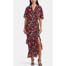 SALONI -NWT $890- Rose Dress Silk Georgette Crepe Red Floral Chiffon | 4