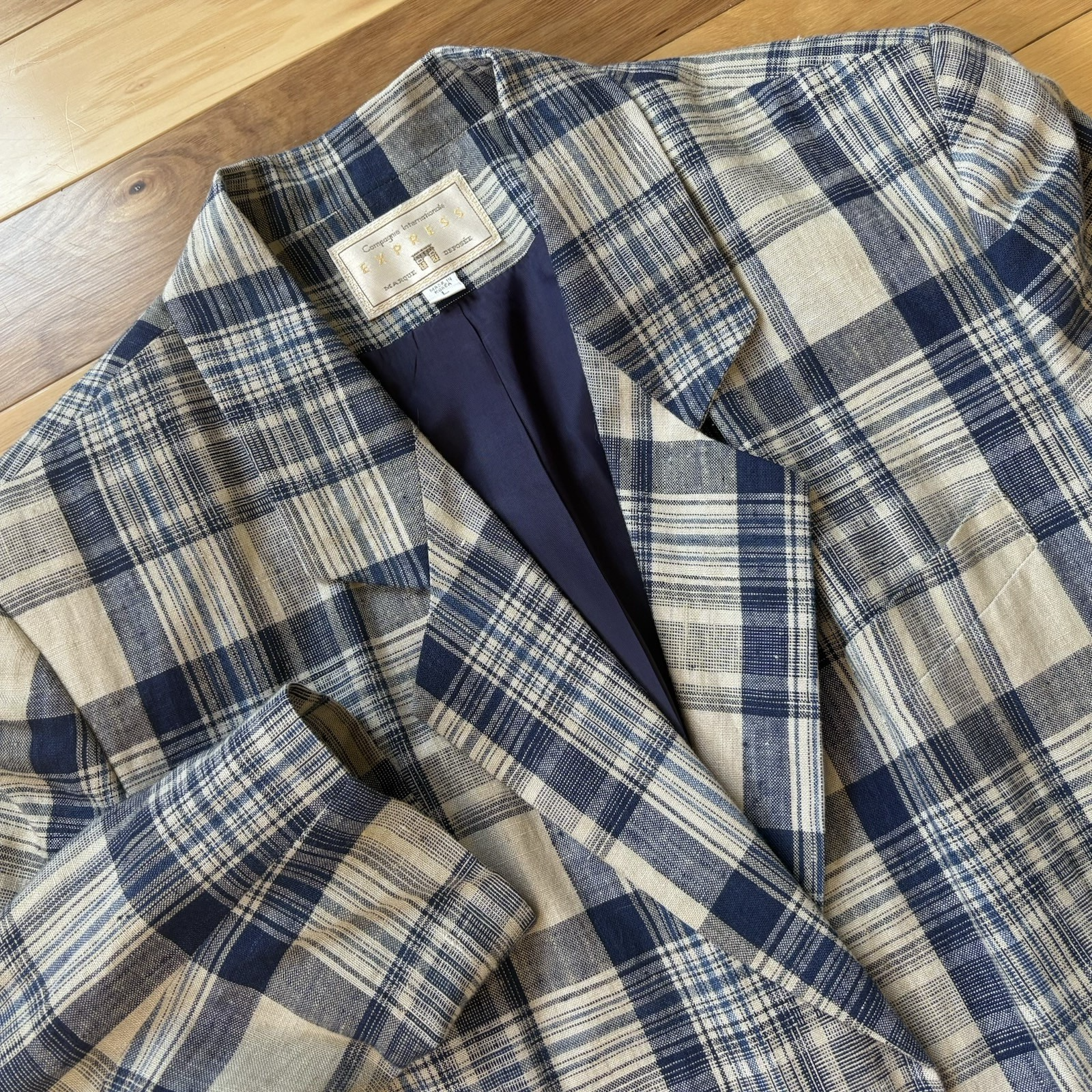 Express Campagnie Plaid Blazer Womens Sz L Vintage Blue Linen Blend