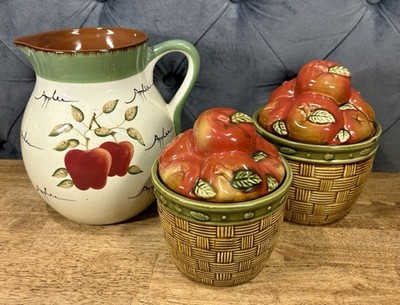 Vintage Pitcher & Canister Set Apples Apple Basket with Lids Farmhouse Cottage