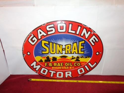 VINTAGE 18x14 in SUN-RAE GAS & MOTOR OIL ADV. SIGN HEAVY METAL PORCELAIN - C 46 - Picture 2 of 6