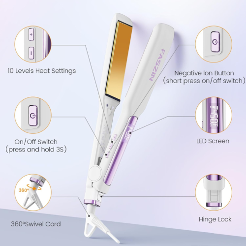 Wide-Plate Titanium Flat Iron Hair Straightener, 10 Temp Levels, Rapid Heat, LED - Picture 7 of 12