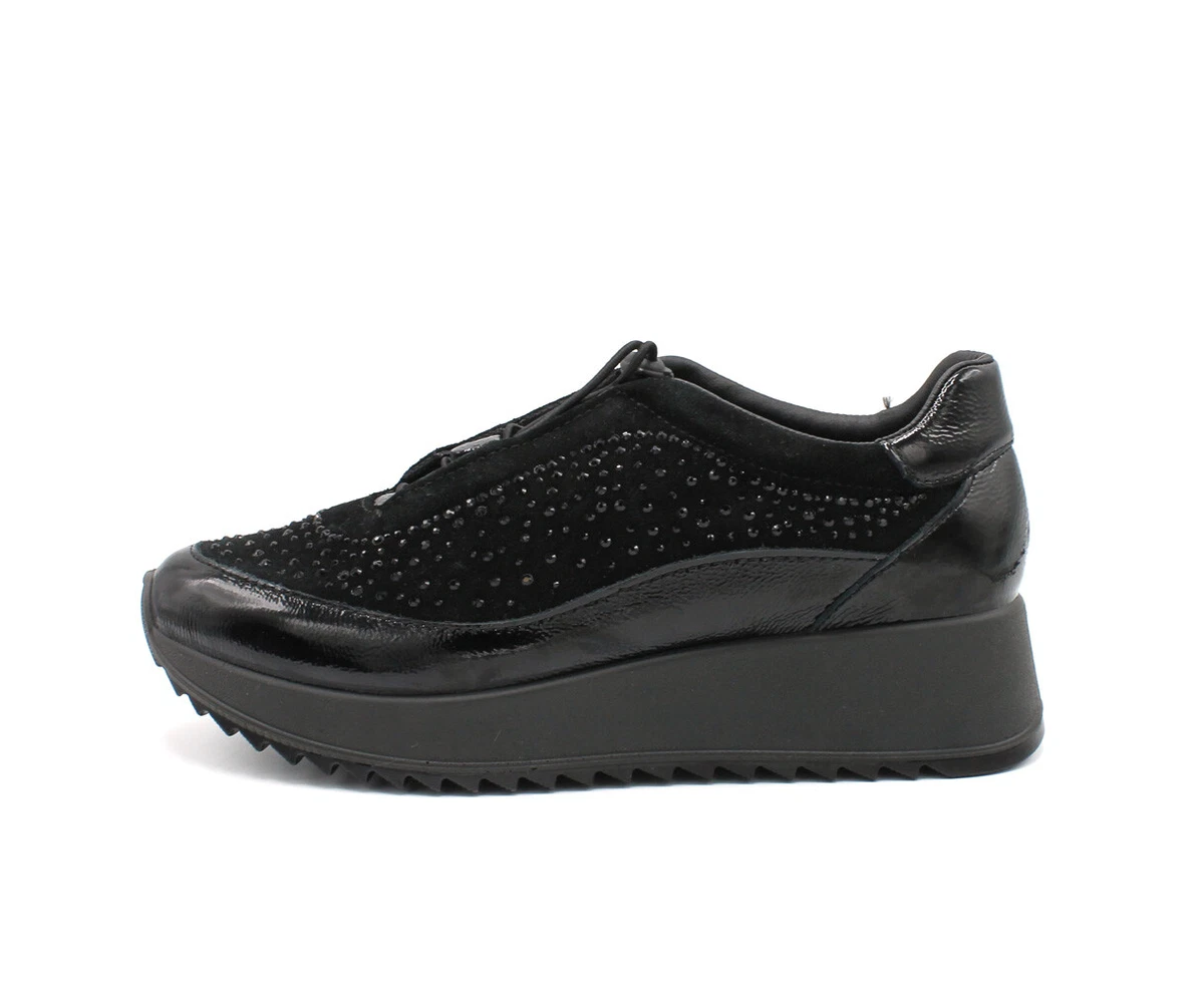 Enval Soft Women s Shoes Sneakers Leather Laces Elastic Wedge Platform Black