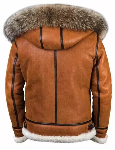 Men's RAF Flight Original Faux Fur Shearling Sheepskin B3 Fleeced Leather Jacket - Picture 3 of 9