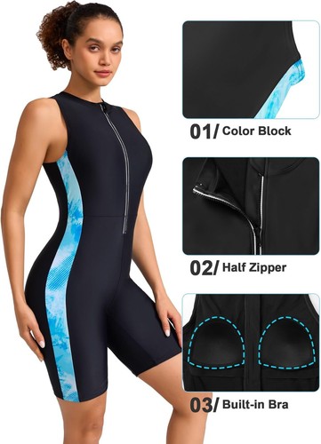 Womens Boyleg Swimming Costume Athletic One Piece Zip Up UPF 50+ - Picture 42 of 67
