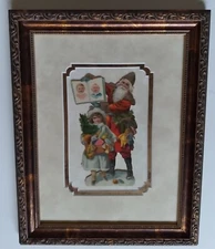 OLD Die-Cut SANTA with BOOK & CHILD, circa 1900 Chromolithograph Embossed Framed