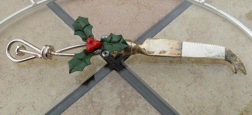 Vintage Christmas Holly Glass Metal Serving Tray Charcuterie Cheese Knife Oval - Picture 3 of 8