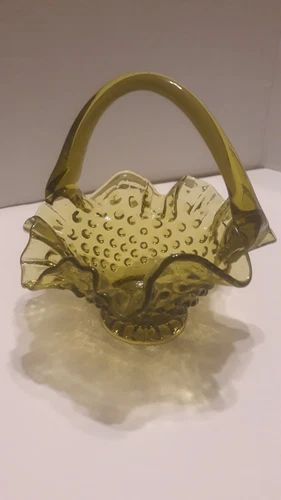 Vintage Fenton Basket Green Glass Hobnail Ruffled Rim