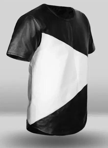 Camiseta Hombre Blanco y Negro Elegante Hecha a Mano Piel de Cordero Cuero Genuino Informal Suave Foto 2 de 4