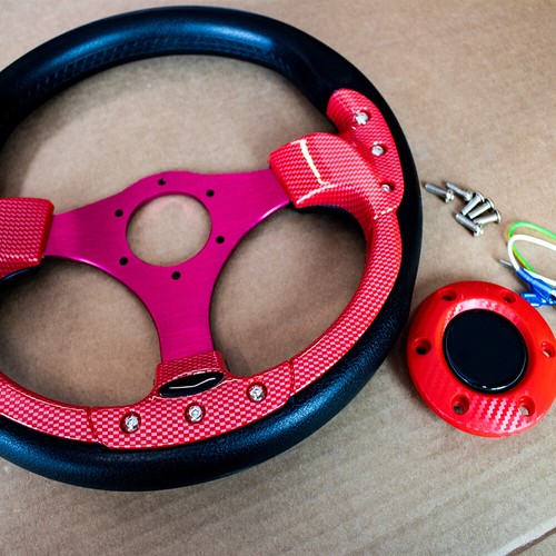 12.5 Inch Golf Cart Steering Wheel Hydro-Graphic Red Carbon Fiber - 6 Hole - Picture 7 of 10