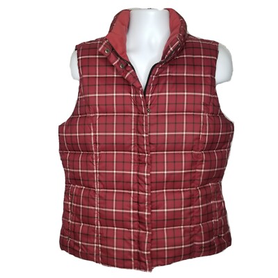 Eddie Bauer Goose Down Puffy Vest Jacket Womens Large Red Black Plaid Quilted