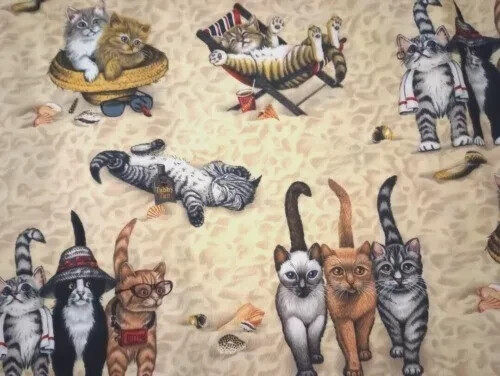 Beach Bum Cat Fabric Piece 18x9 Inch Crafting Material USA Seller  