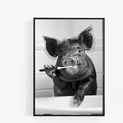 Lustiges Badezimmer Schwein Zähneputzen Druck Bild Poster Unrahmen A4