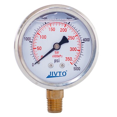 Pressure Gauge,Glycerin Filled,2-1/2'' Dia, 0-5000 psi, 1/4 NPT Lower Mount