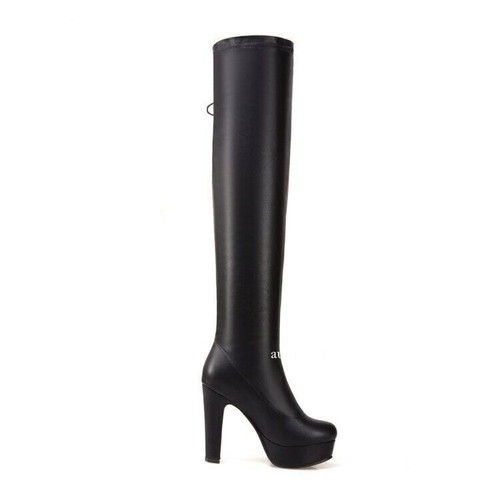 Damen-Overknee-Stiefel rund geschnitten Schnürung Blockabsatz Plateauschuhe - Bild 9 von 26