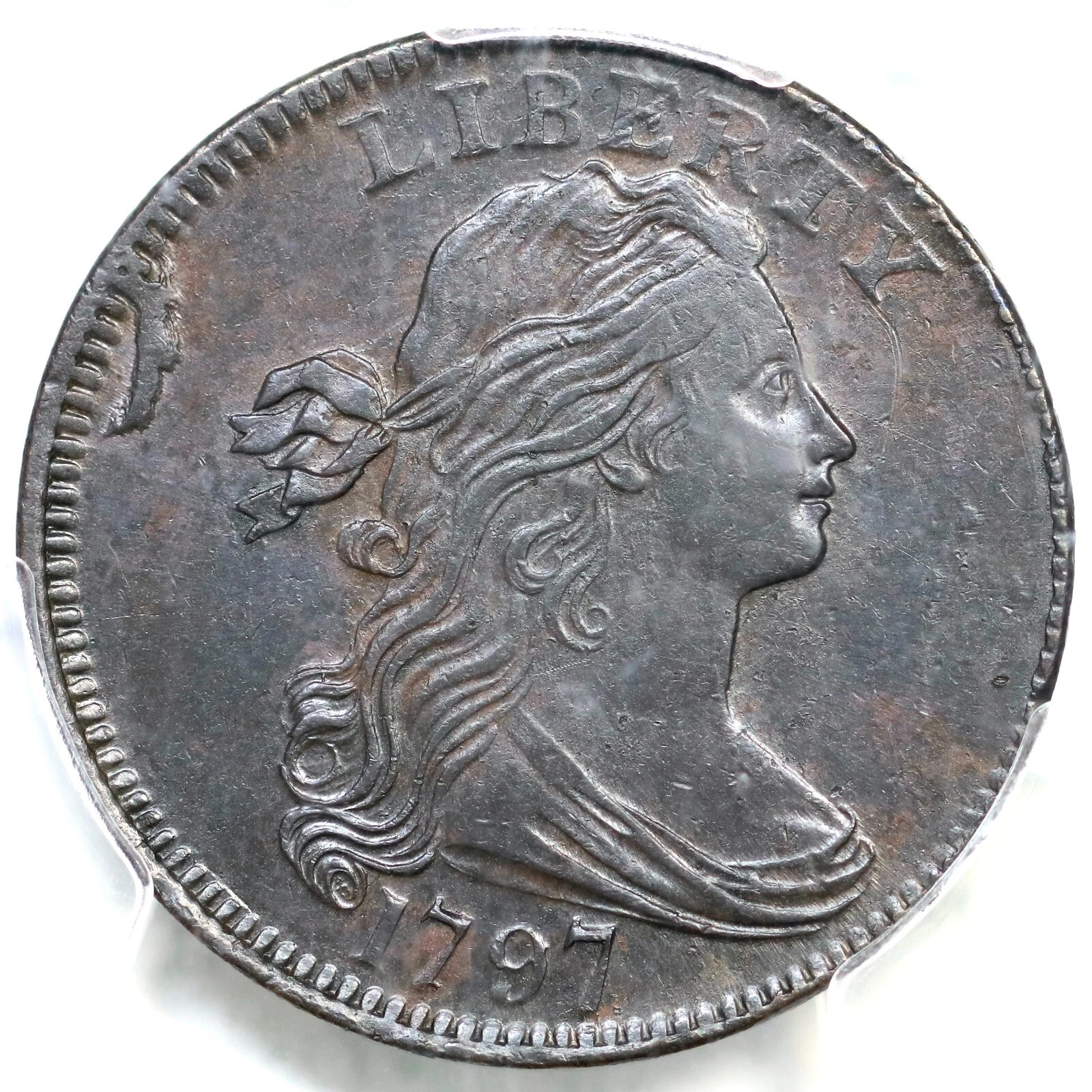 1797 S-130 R-2 PCGS AU 53 Rev of 97, Stems Draped Bust Large Cent Coin 1c