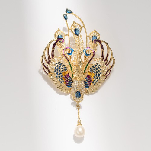 G18K Freshwater Pearl Handmade High Quality Enamel Phoenix Brooch Pin for Women - Picture 5 of 5