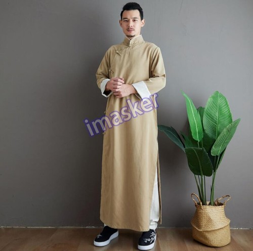 Bata suelta de color puro manga larga Pankou cuello alto estilo chino de moda para hombre - Imagen 11 de 28