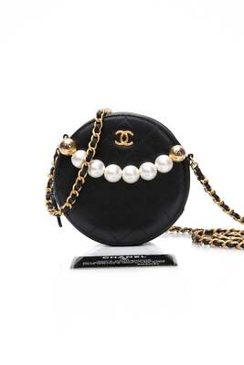 #ad CHANEL Black Goatskin Quilted Chic Pearls Chain Round Clutch with Chain