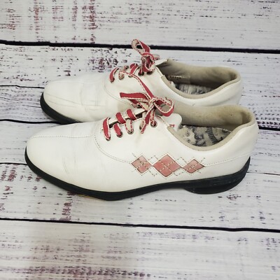 FootJoy FJ Womens Sz White Leather Golf Shoes Pink Argyle Stitch 98508 