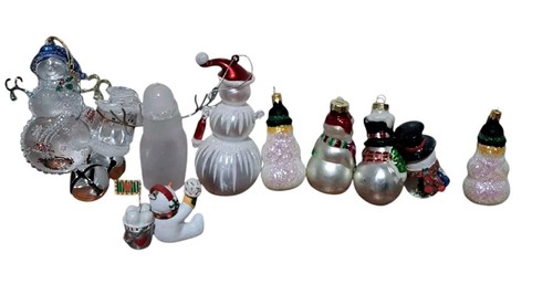 10 Snowman Christmas Ornaments Glass Resin Glitter Frosted Bell 5 IN 3 IN VTG - Picture 2 of 12