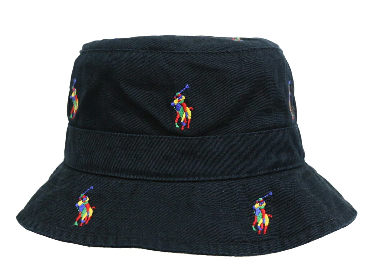Polo Ralph Lauren Multi-Pony Safari Bucket Hat Cap - Black with Rainbow Ponies