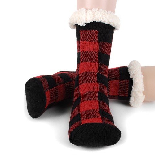Women's Plush Fleece Lined Sherpa Slipper Socks Red and Black Design Soft Warm