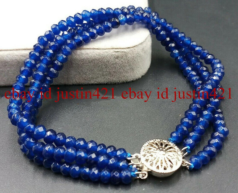 3 Rows Faceted 2x4mm Topaz/Jade/Agate Rondelle Gems Beads Bracelet 7.5'' AAA - Image 4 of 4