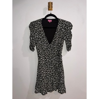 Mi Ami Floral Wrap Dress Black White Coquette Ditsy Print Ruffle Boho Mini XS