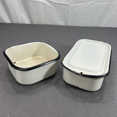 2 Vtg Enamelware Refrigerator Containers & 1 Lid White w/Black Trim