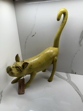 VINTAGE FOLK ART SOLID CARVED WOOD CAT SCULPT...