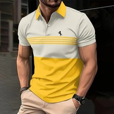 Men Summer Polo Shirt Breathable Casual Short Sleeve Striped Button Top Fashion