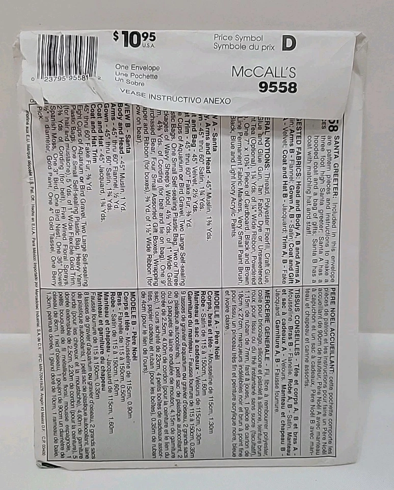 McCalls Pattern 9558 Christmas Santa Greeter Decor 2 Styles UNCUT - Image 2 of 2