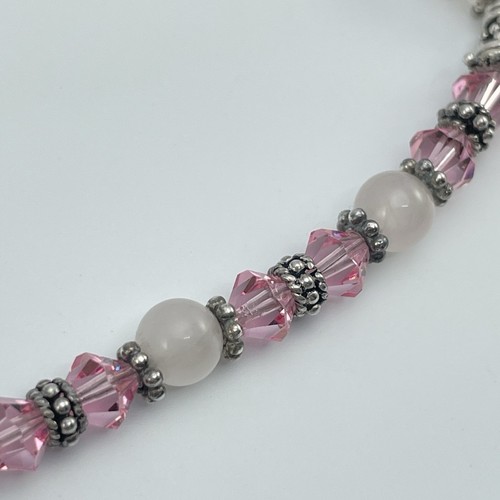 Bracelet Sterling Silver Flower Quartz Pink Crystal Beaded Breast Cancer Charm - Picture 4 of 8