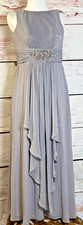 Eliza J Maxi Dress Sz 2 Rhinestone Wedding Even Formal Chiffon Gown Silver Party