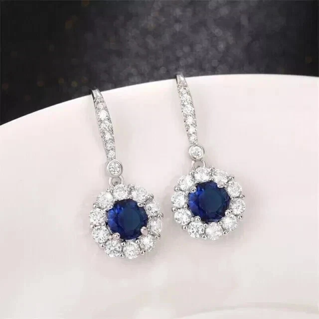 2Ct Round Cut Lab Created Sapphire Drop/Dangle Earrings 14K White Gold Plated - Image 3 of 4
