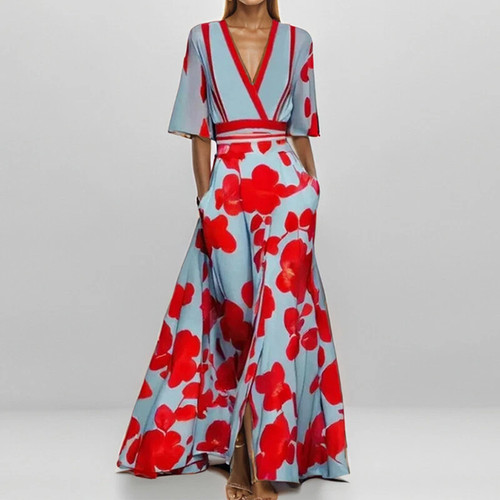 Ladies Elegant 3/4 Sleeves V-Neck Maxi Dress Party Print Swing Long Dresses UK ⭐ - Picture 19 of 25