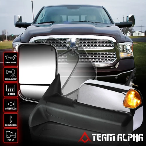 Fits 2009-2016 Ram 1500/2500[POWER+HEAT+PUDDLE+AMBER LED]Chrome Tow Side Mirror