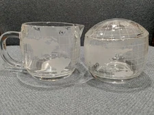 1970s Nestle Glass Sugar Bowl w/ Lid & Creamer Etched World Globe Map